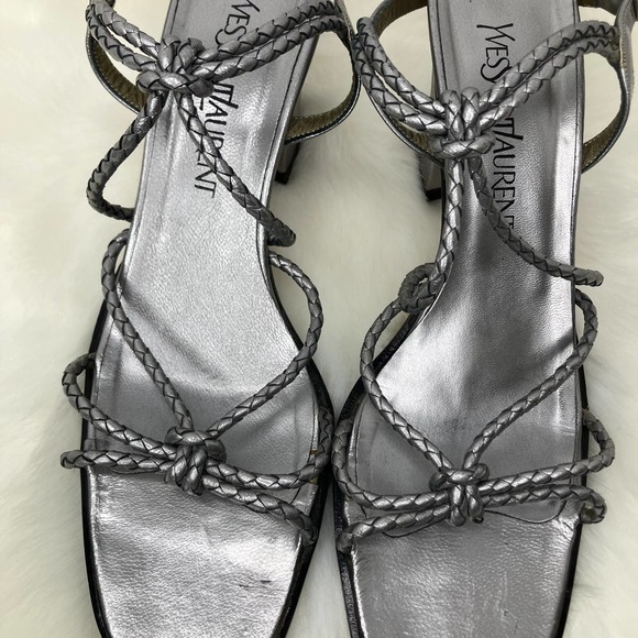 Yves Saint Laurent Braided Leather Silver Chunky Heel Open Toe Sandal 9.5N - Picture 4 of 9